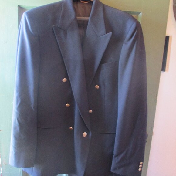 Vtg USA Made  Navy Blue Hopsack Gold Button Double Breasted Blazer Sport Coat 46 - Picture 1 of 3